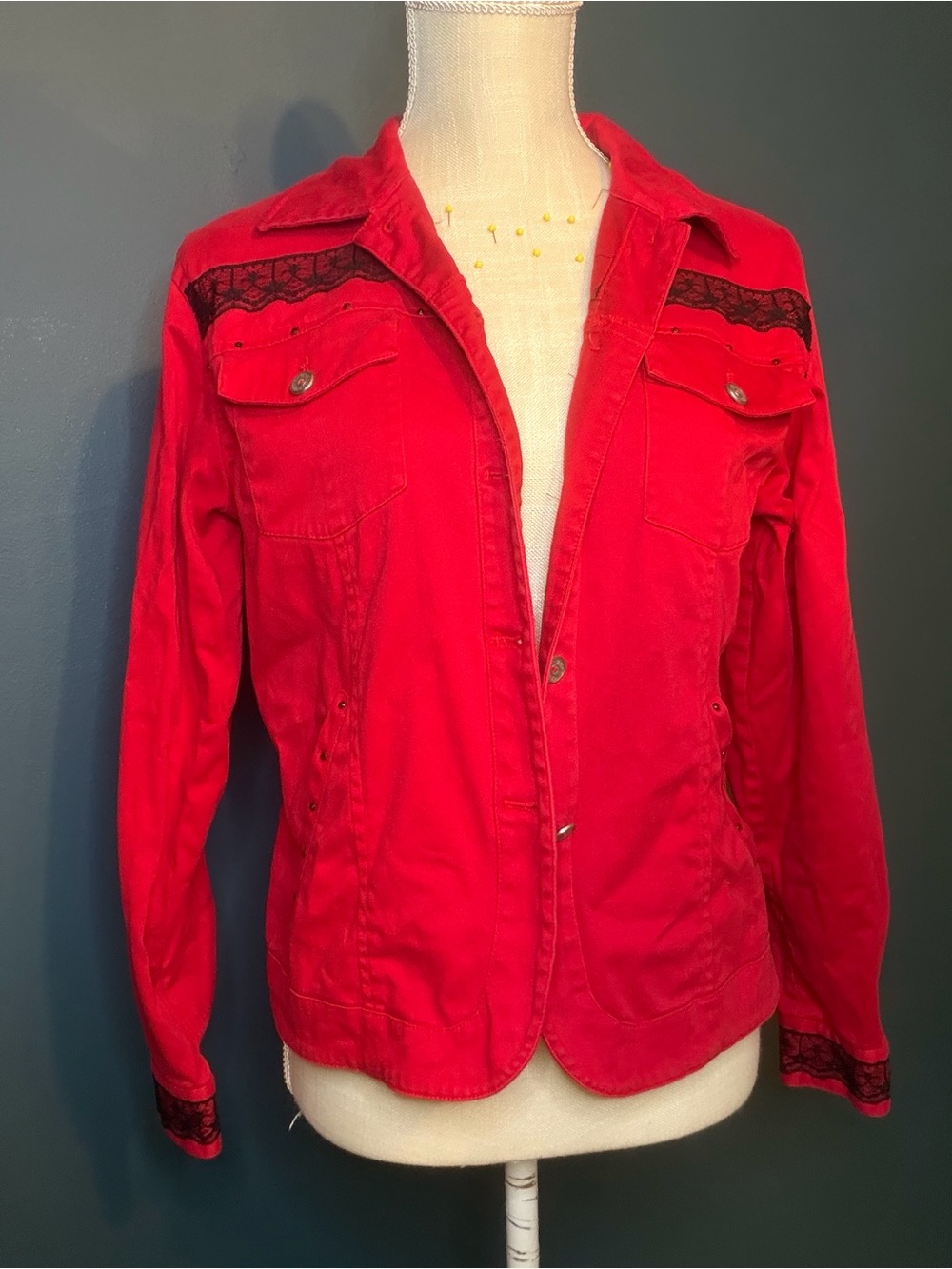 erin london Red Jean Jacket with Black Lace Trim